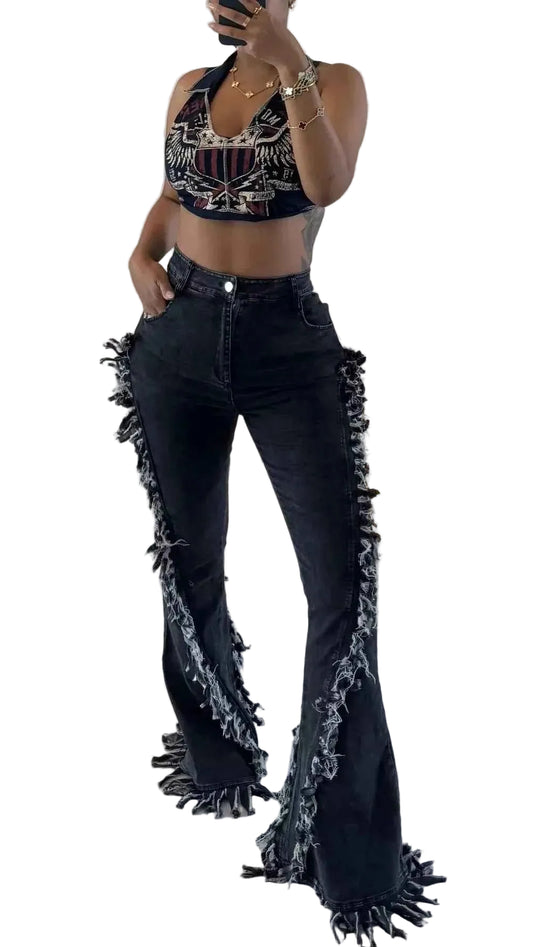 TEEK - Frayed Trim High Waist Flare Jeans JEANS theteekdotcom Black Gray S