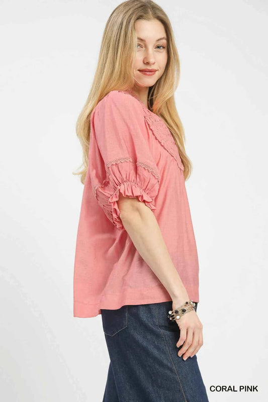 Umgee Smocked Yoke Blouse with Ruffle Sleeves Trendsi