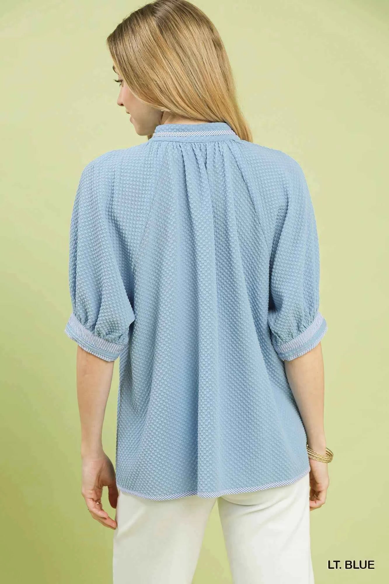 Umgee Textured Jacquard Contrast Trim Top Trendsi