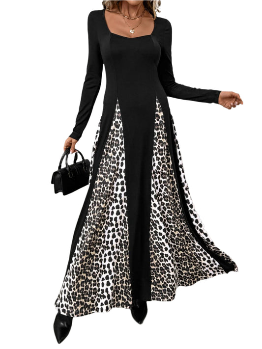 TEEK - Black Leopard Square Neck Long Sleeve Dress DRESS TEEK Trend