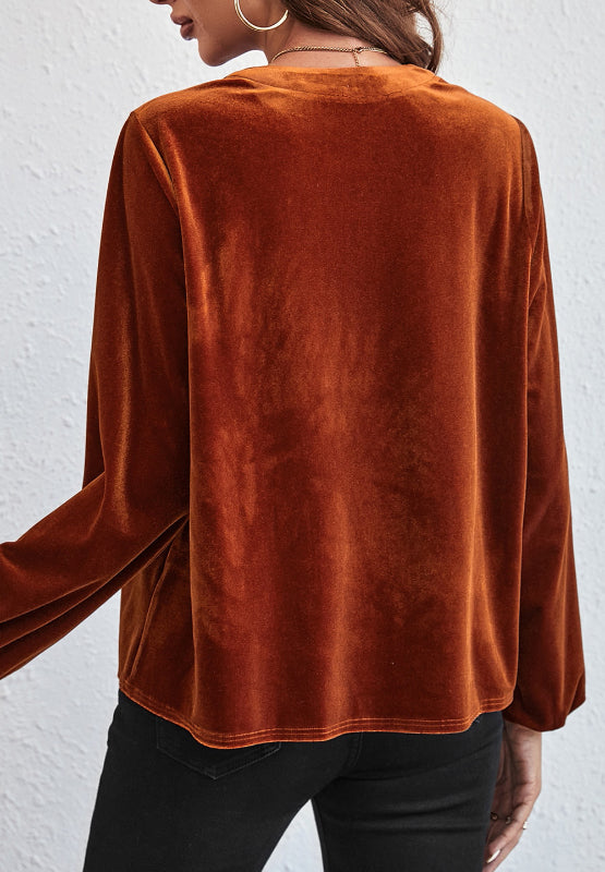 Notched Long Sleeve Velvet Top TEEK Trend