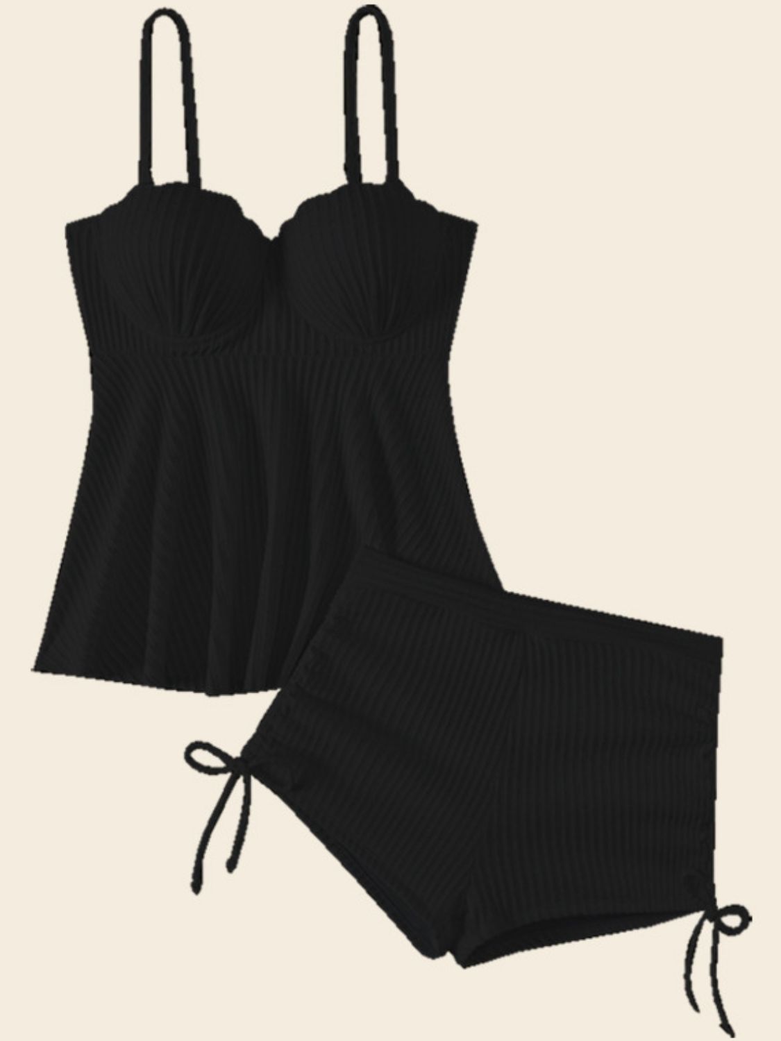 TEEK - Textured Drawstring Spaghetti Strap Two-Piece Swim Set SWIMWEAR TEEK Trend Black S 