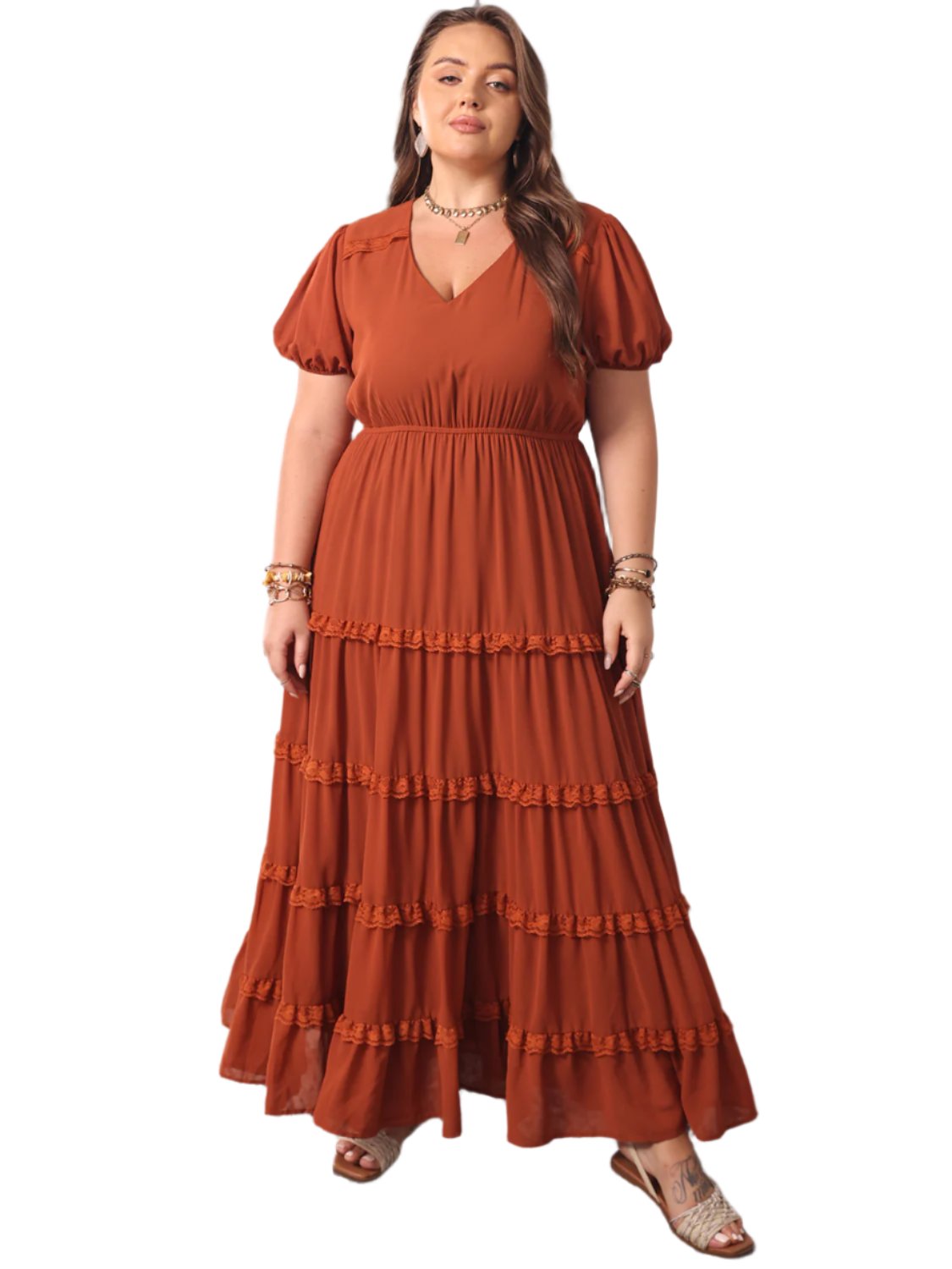 TEEK - Plus Size Rust Ruched Lace Detail V-Neck Dress DRESS TEEK Trend XL  