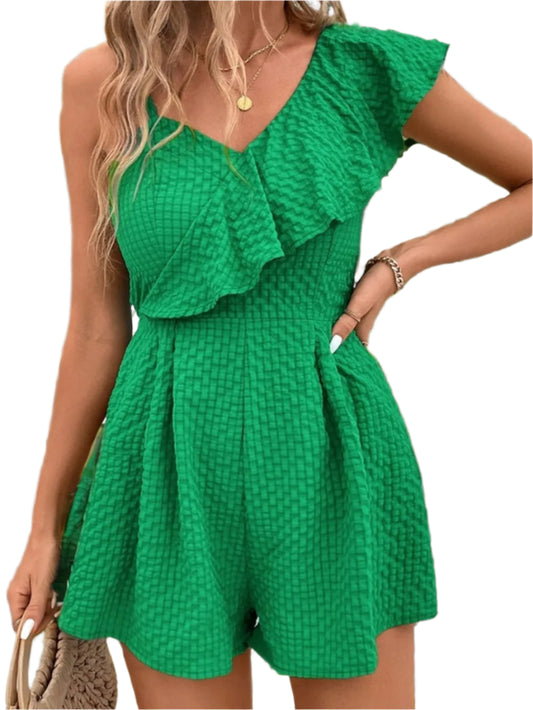 TEEK - Green Smocked Back Asymmetrical Ruffled Romper JUMPSUIT TEEK Trend S