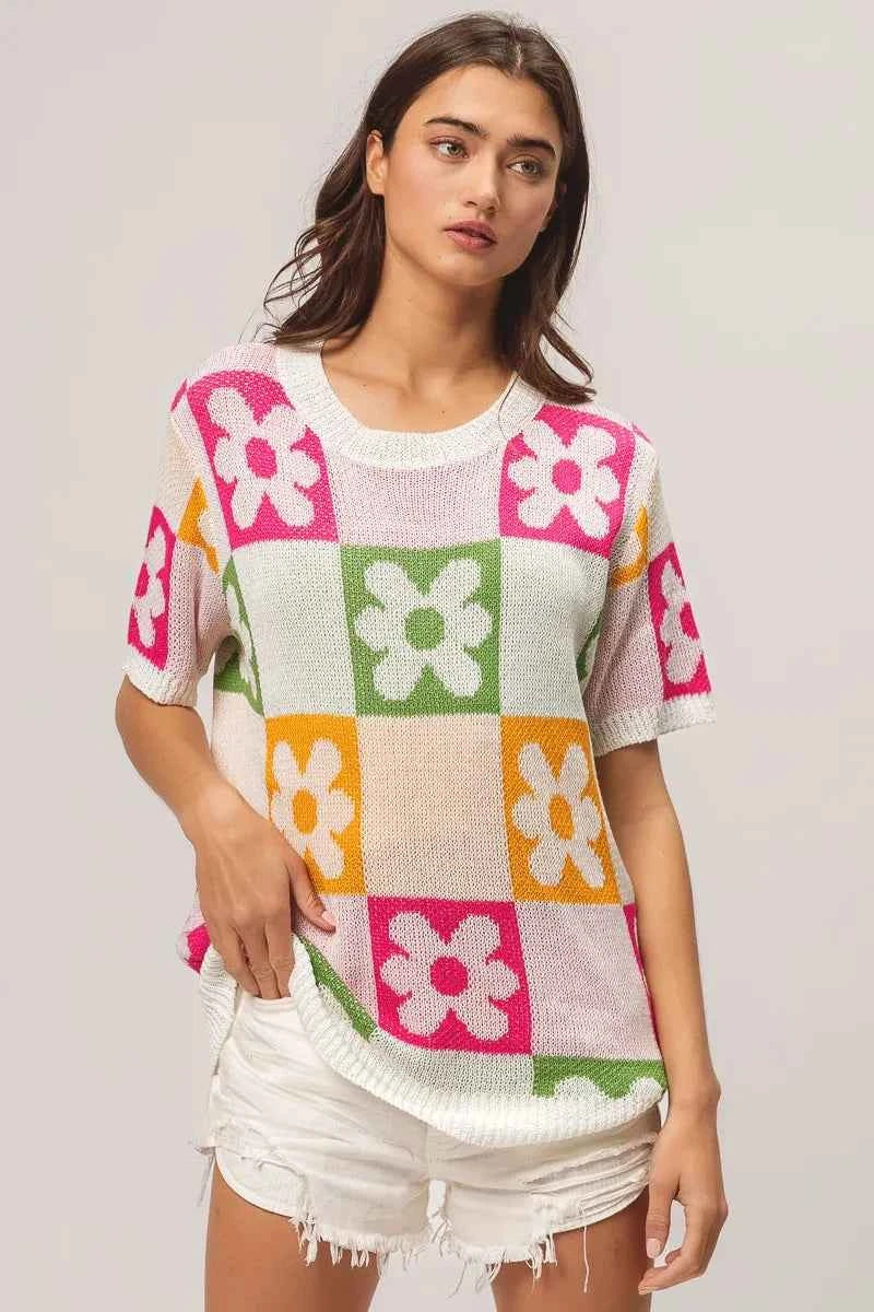 TEEK - Flower Checker Pattern Lightweight Sweater Top TOPS TEEK Trend