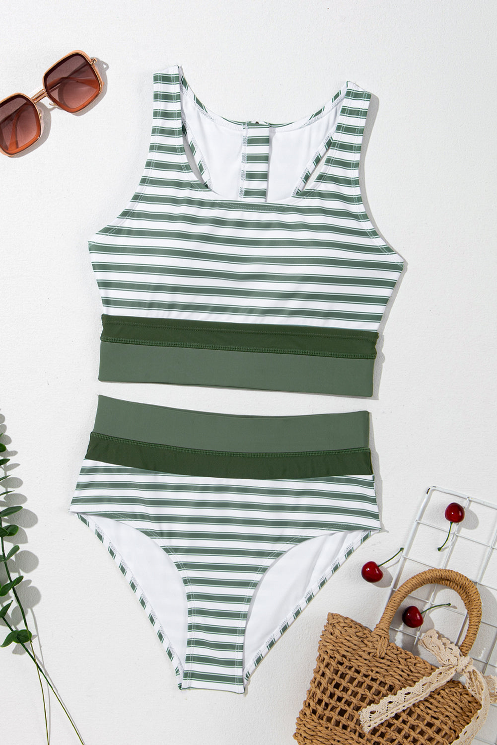 TEEK - Green Striped Wide Strap Bikini Set SWIMWEAR TEEK Trend S  
