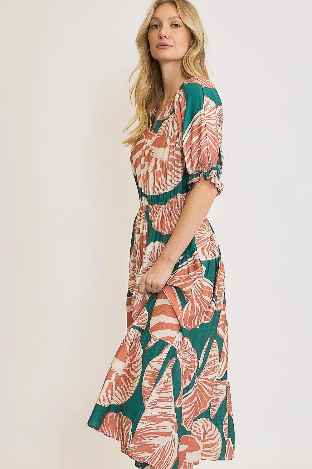 TEEK - Green Clay Printed Notched Puff Sleeve Dress DRESS TEEK Trend