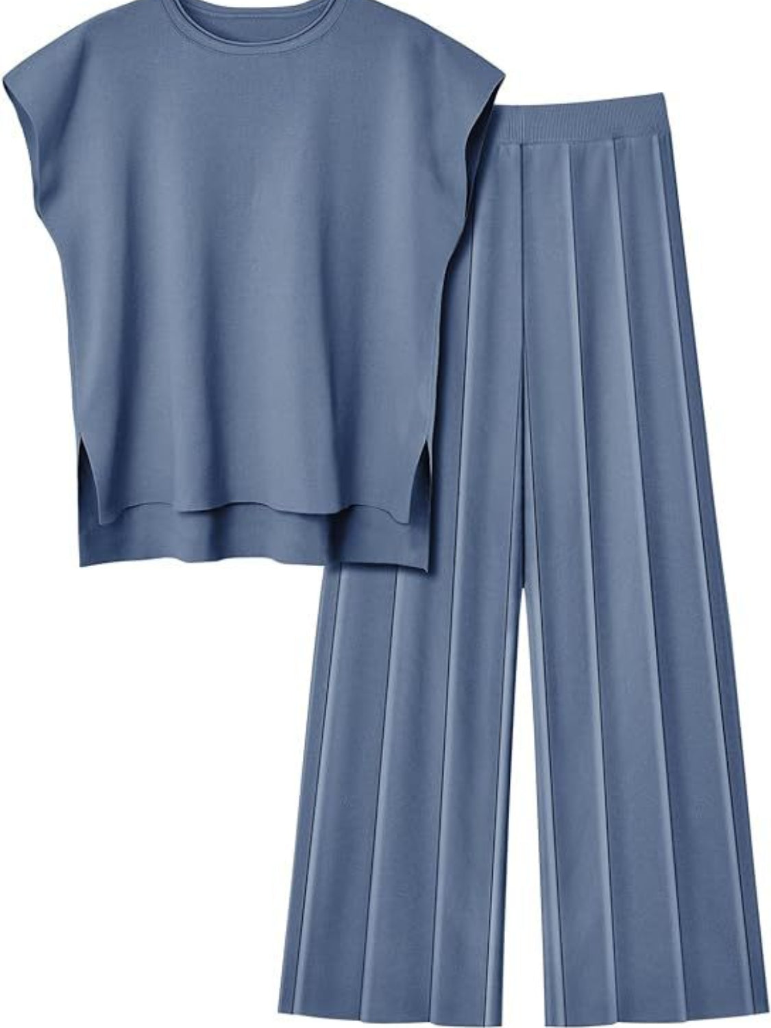 TEEK - Round Neck Cap Sleeve Top Pants Knit Set SET TEEK Trend Dusty  Blue S 