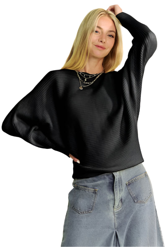 TEEK - Black Round Neck Batwing Sleeve Sweater SWEATER TEEK Trend S