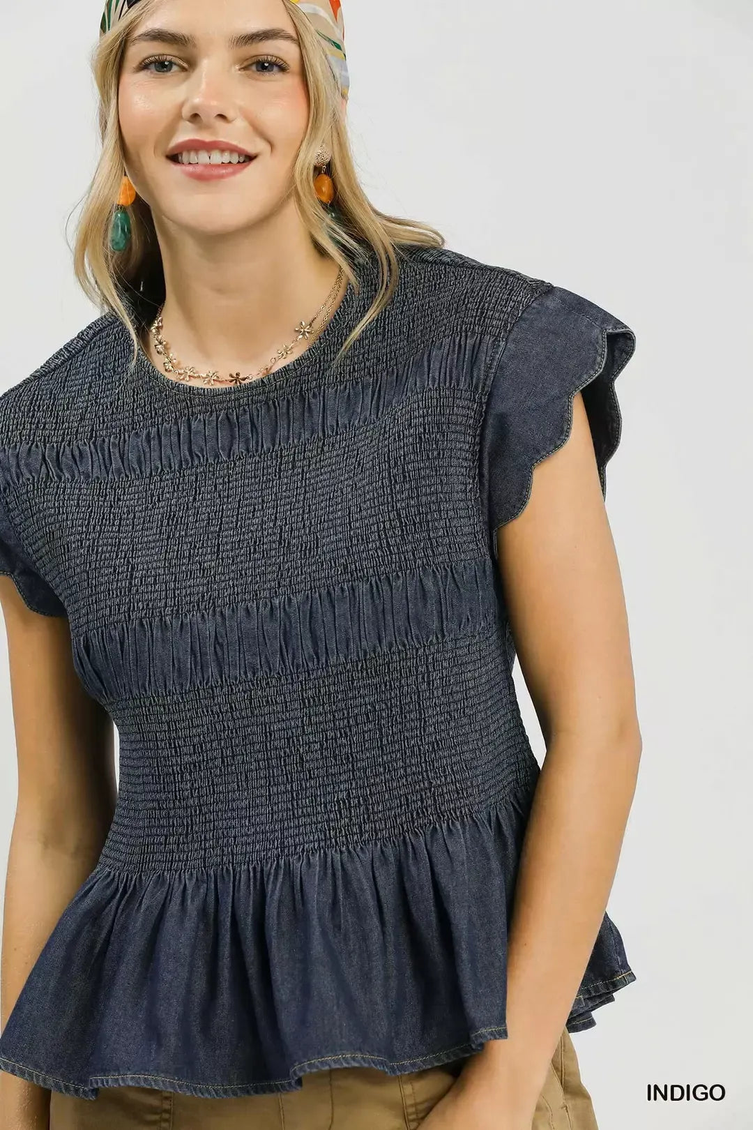 Umgee Smocked Peplum Top with Scalloped Ruffle Cap Sleeves Trendsi