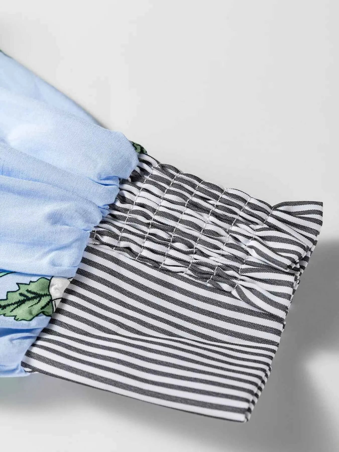 Floral Print Contrast Striped Trim Ruffled V Neck Fall Blouse Trendsi