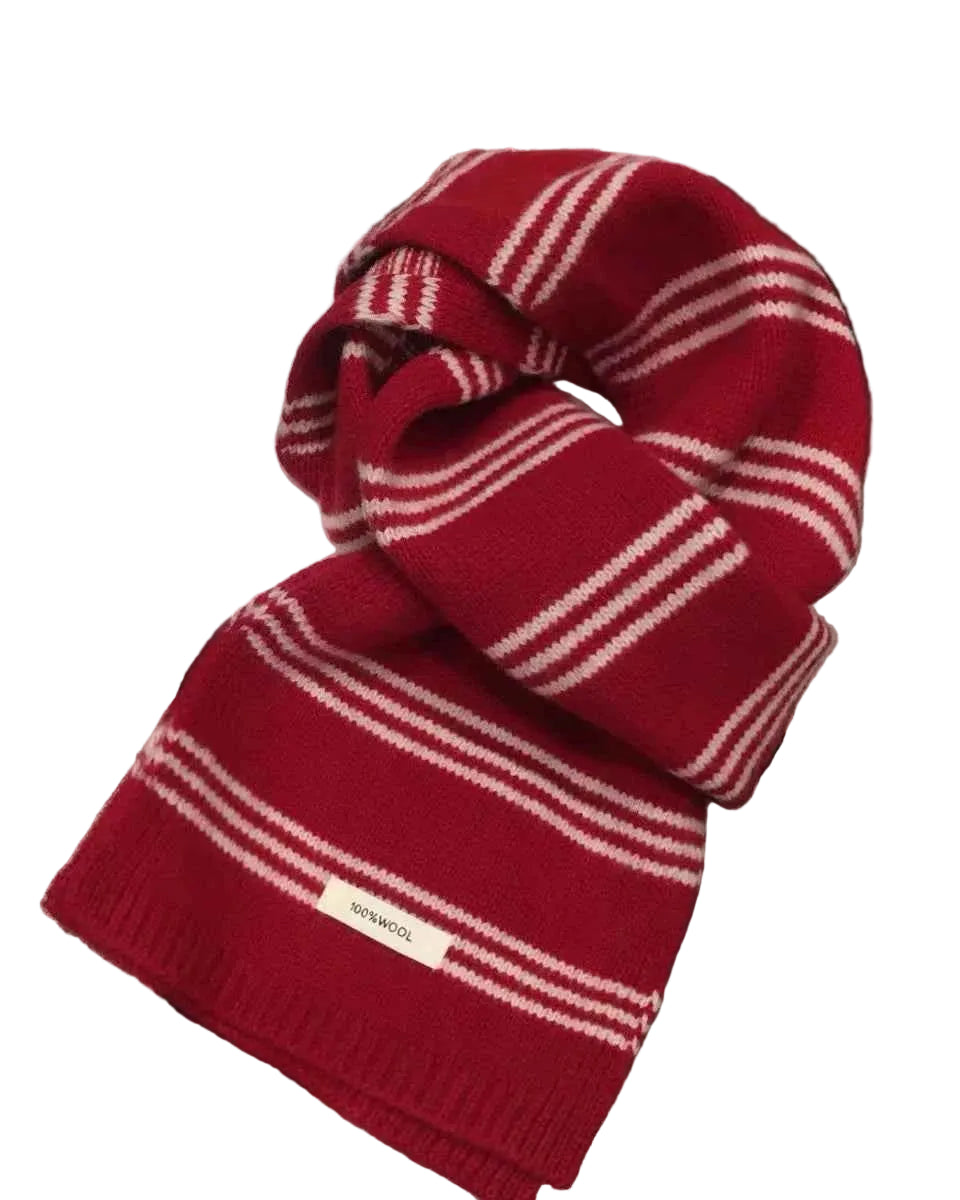 Wool Striped Contrast Knit Warm Scarf Trendsi Red ONESIZE