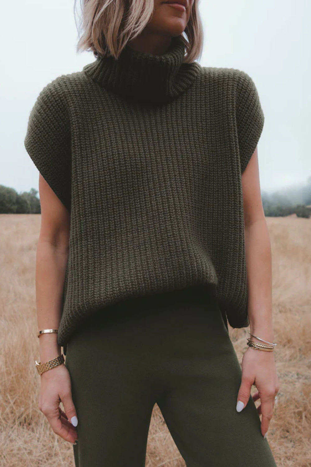 TEEK - Slit Turtleneck Cap Sleeve Sweater TOPS TEEK Trend Army Green S