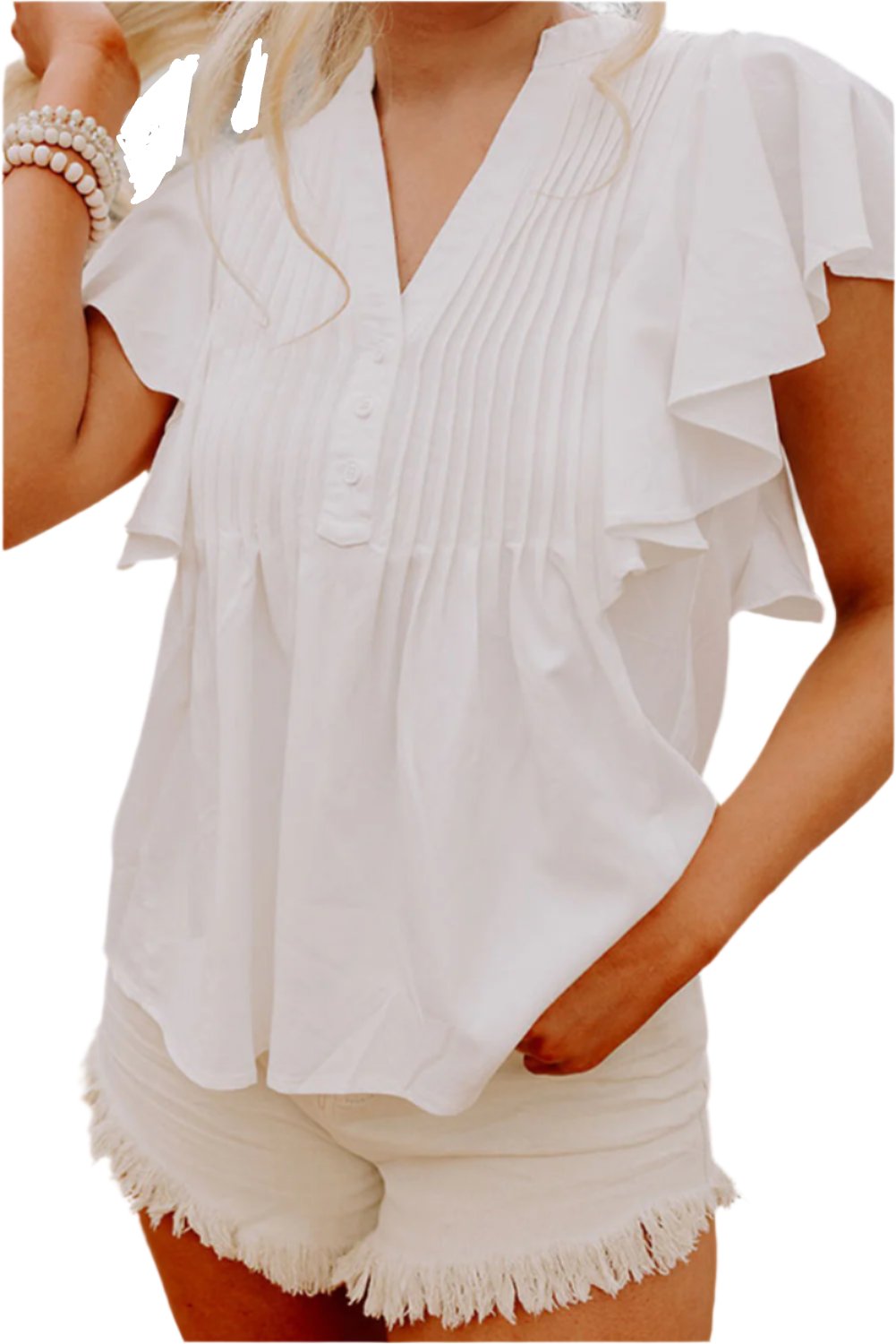 TEEK - White Pleated V-Neck Cap Sleeve Blouse TOPS TEEK Trend S  