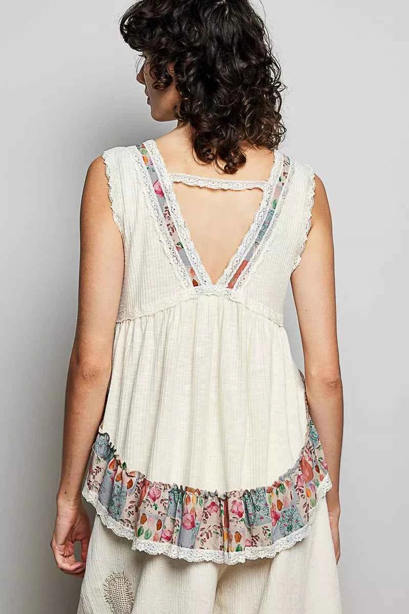 TEEK - Lace Detail Ruffled Ribbed Sleeveless Floral Top TOPS TEEK Trend