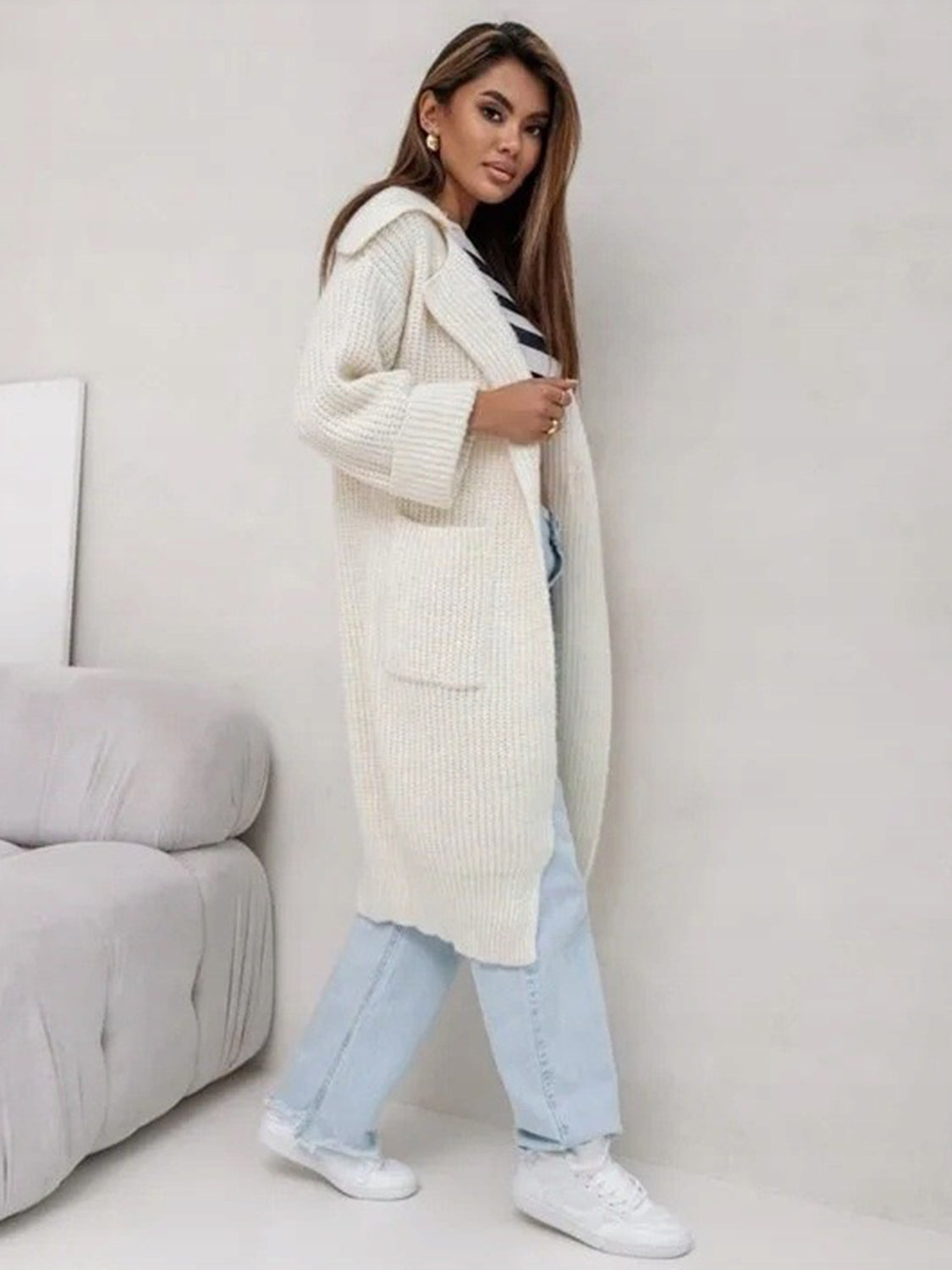 TEEK - Pocketed Collared Neck Dropped Shoulder Cardigan SWEATER TEEK Trend