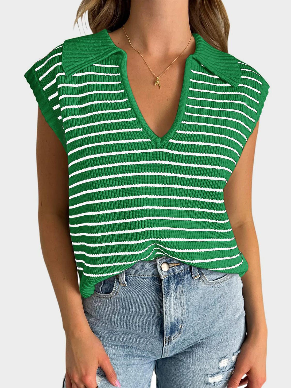 TEEK - Mandy Collared Neck Striped Sweater Vest TOPS TEEK Trend Green S