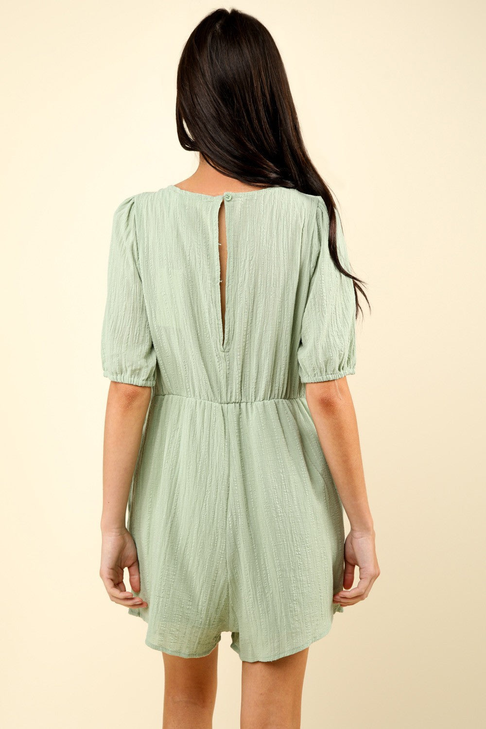 TEEK - Sage Lace Detail Puff Sleeve Pocketed Romper JUMPSUIT TEEK Trend   