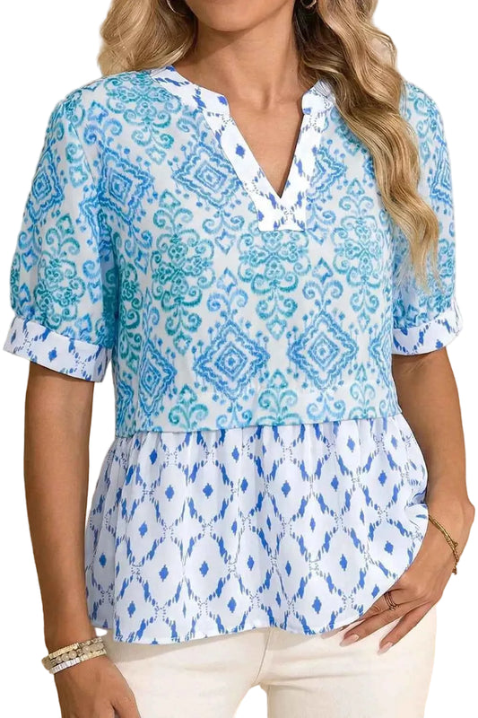 Floral Geometric Patchwork Short Puff Sleeve Babydoll Blouse Trendsi Light Blue S