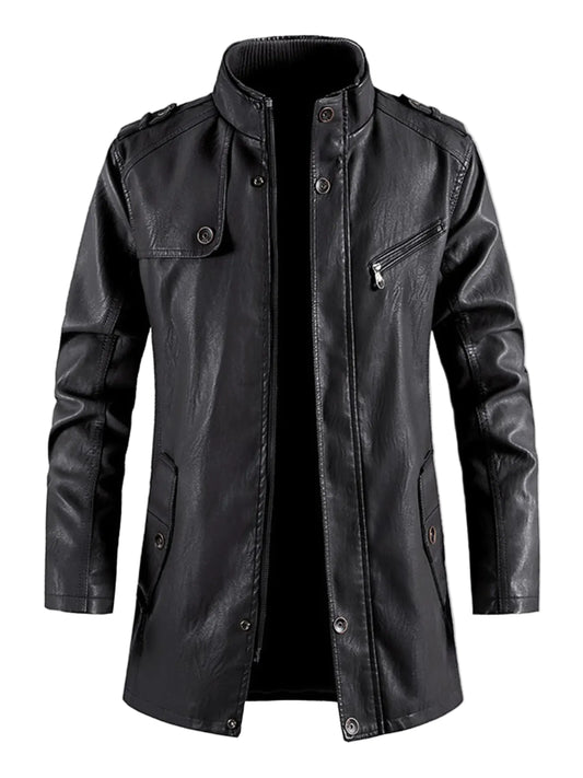 Men's Zip Up Long Sleeve Leather Jacket Trendsi Black S