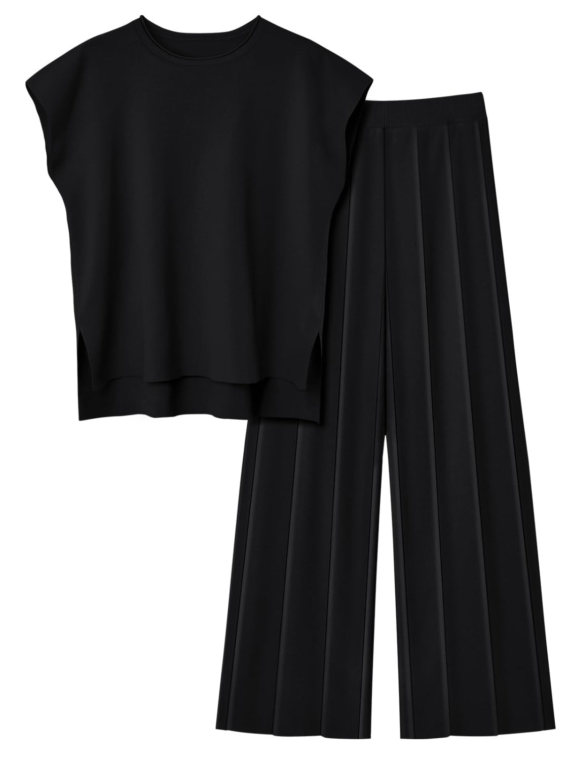 TEEK - Round Neck Cap Sleeve Top Pants Knit Set SET TEEK Trend Black S 