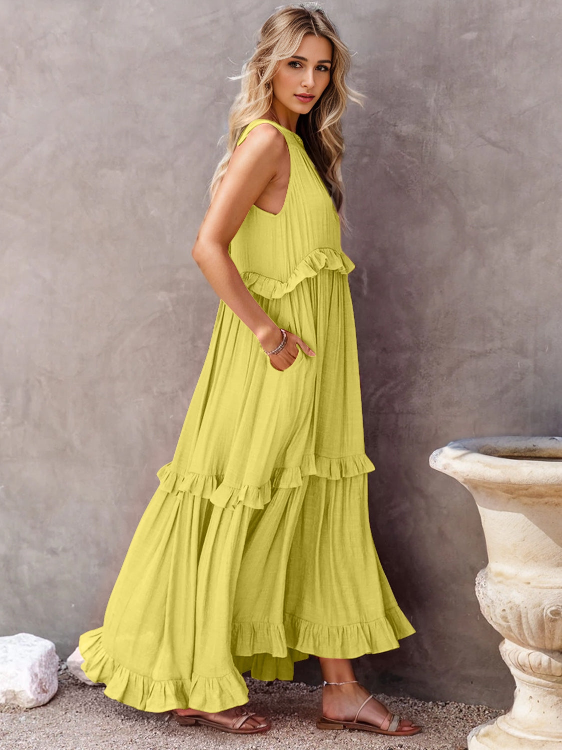 TEEK - Ruffled Sleeveless Tiered Pocketed Dress DRESS TEEK Trend Chartreuse S 