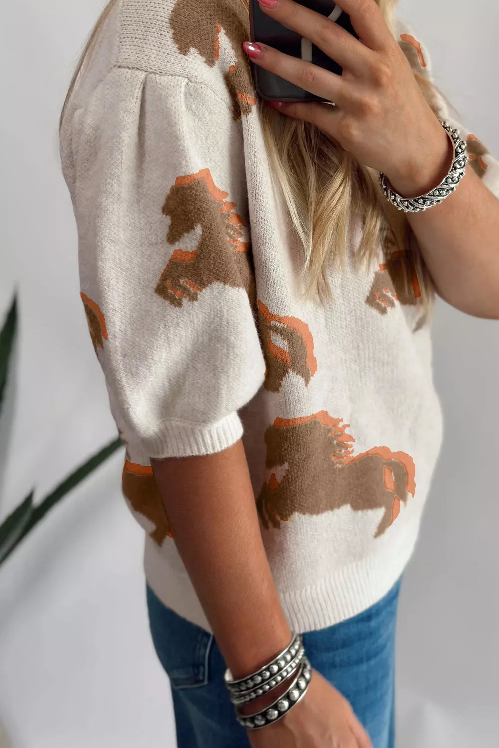 Western Horse Short Puff Sleeve Sweater Trendsi