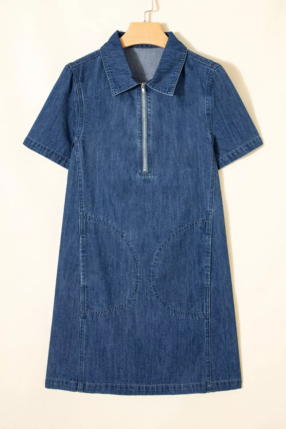 Zip Up Collared Short Sleeve Shift Mini Denim Dress Trendsi