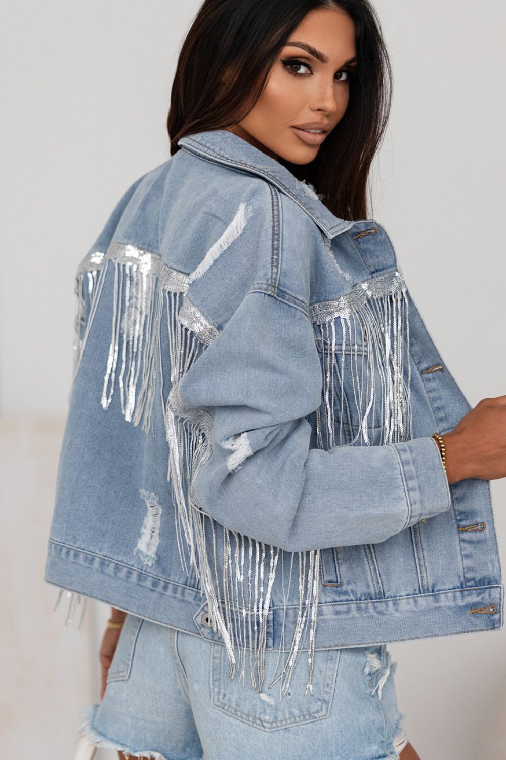 TEEK - Sequin Fringe Trim Distressed Button Up Denim Jacket JACKET TEEK Trend