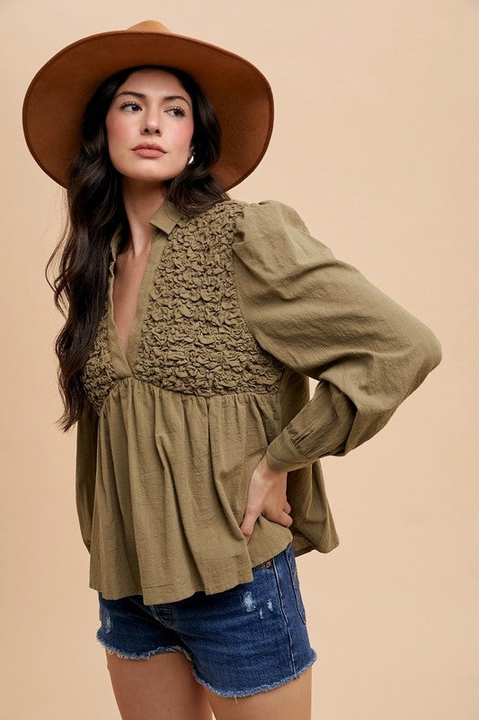 TEEK - Olive Smocked Front Long Sleeve Babydoll Blouse TOPS TEEK Trend