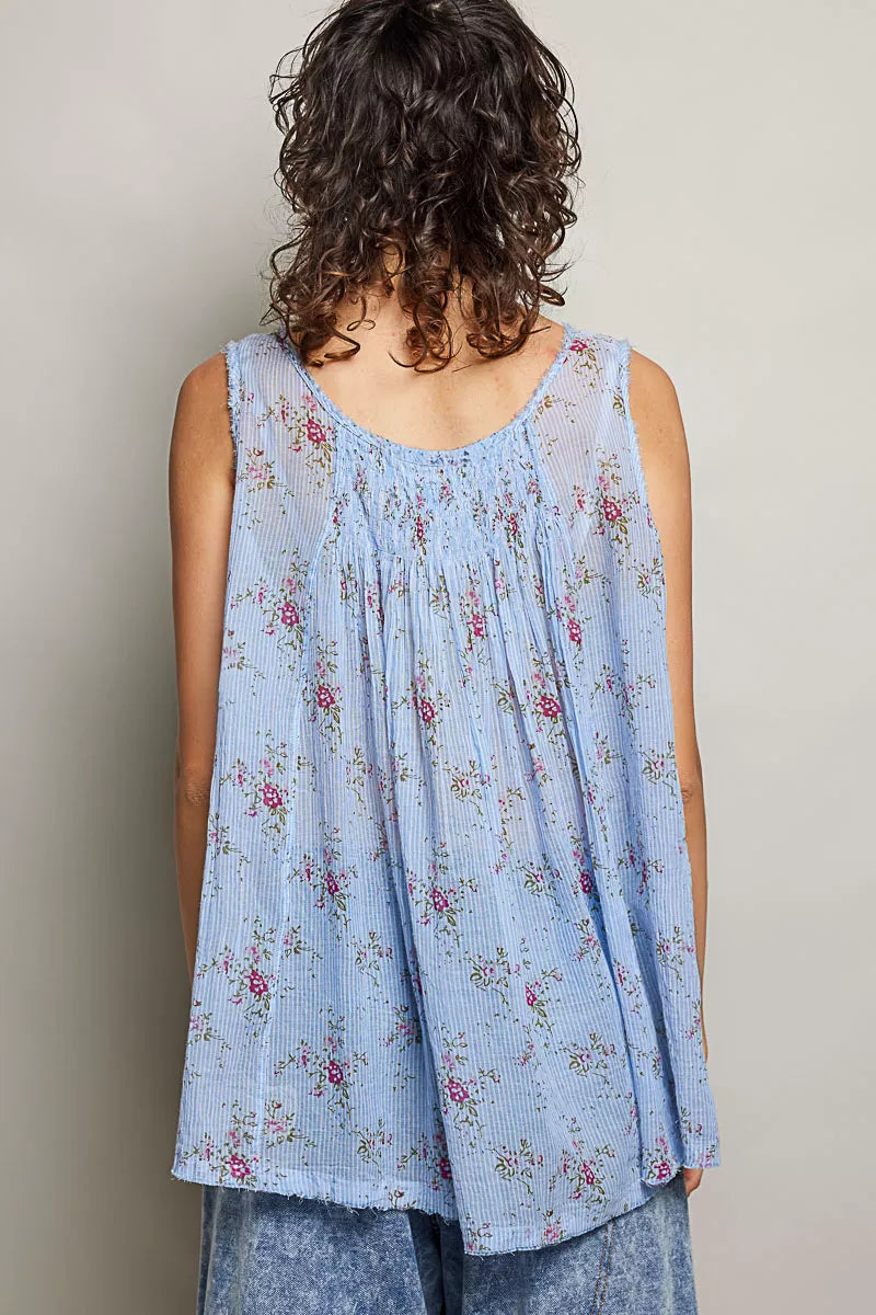 POL Round Neck Sleeveless Floral Pleated Cotton Top Trendsi