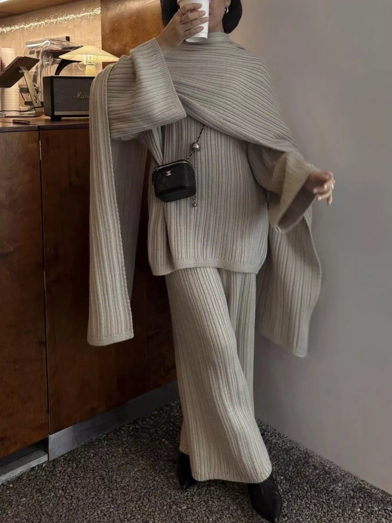 3-Piece Crew Neck Ribbed Sweater and Wide-Leg Pants Set with Scarf Trendsi
