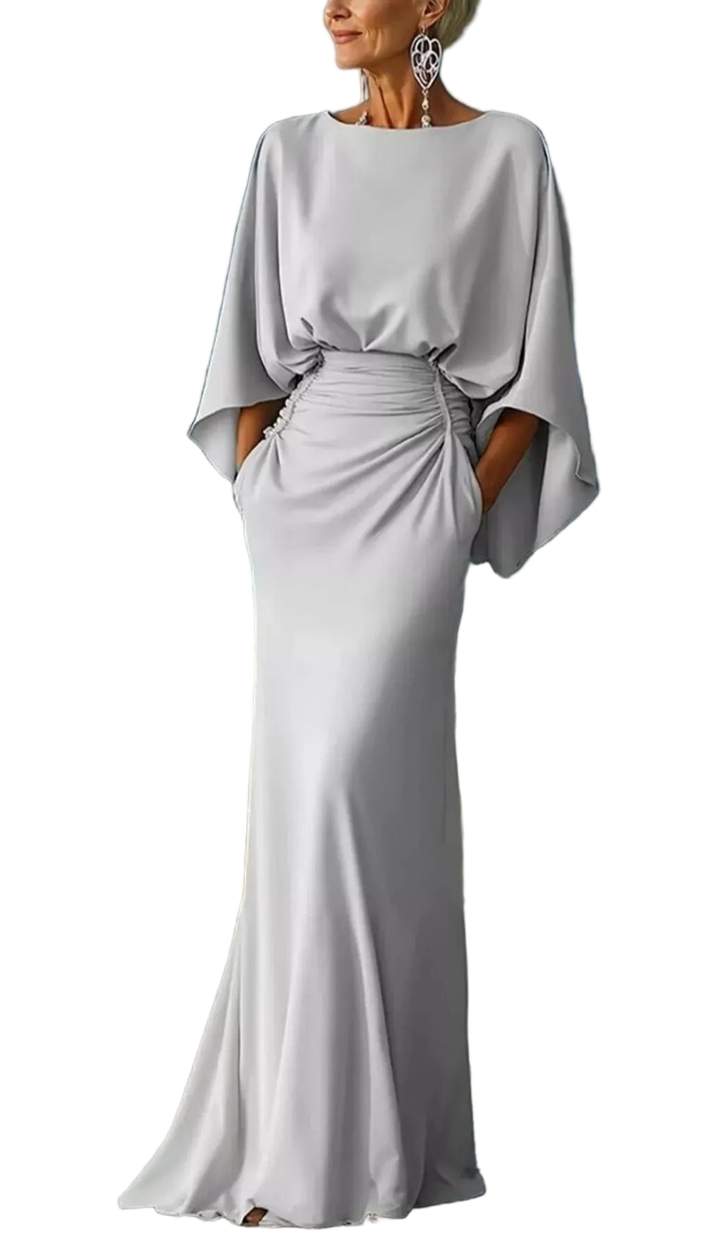Batwing Sleeve Ruched Maxi Dress Trendsi Silver S