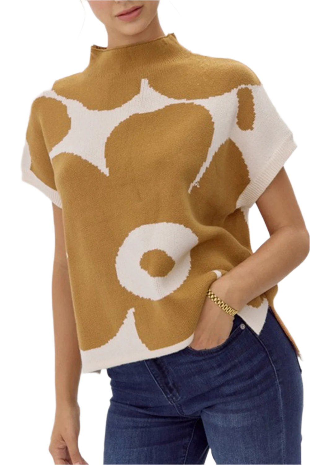 TEEK - Mustard Contrast Flower Mock Neck Short Sleeve Sweater TOPS TEEK Trend S