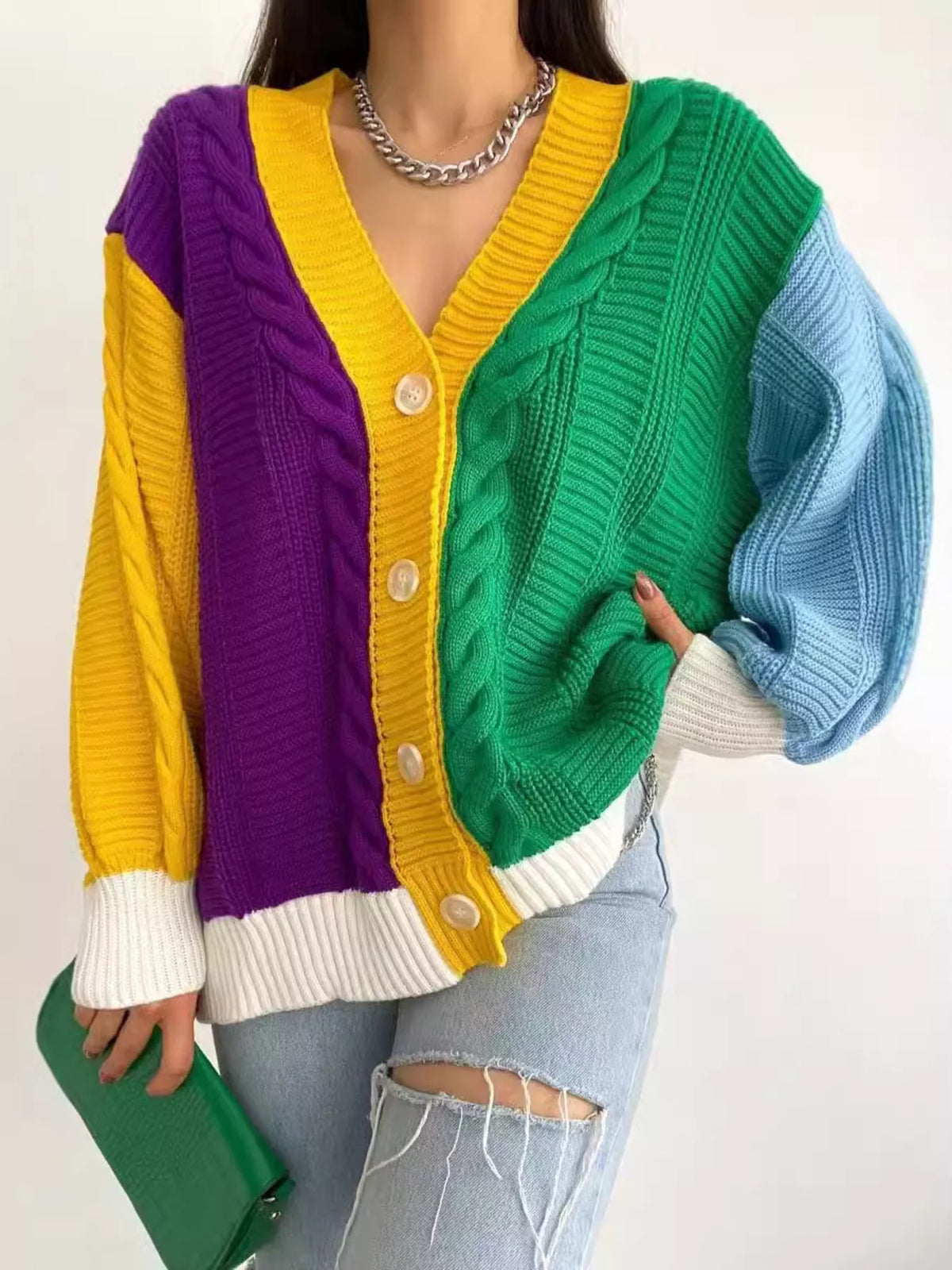 Color Block Button Down Cable-Knit Cardigan Trendsi