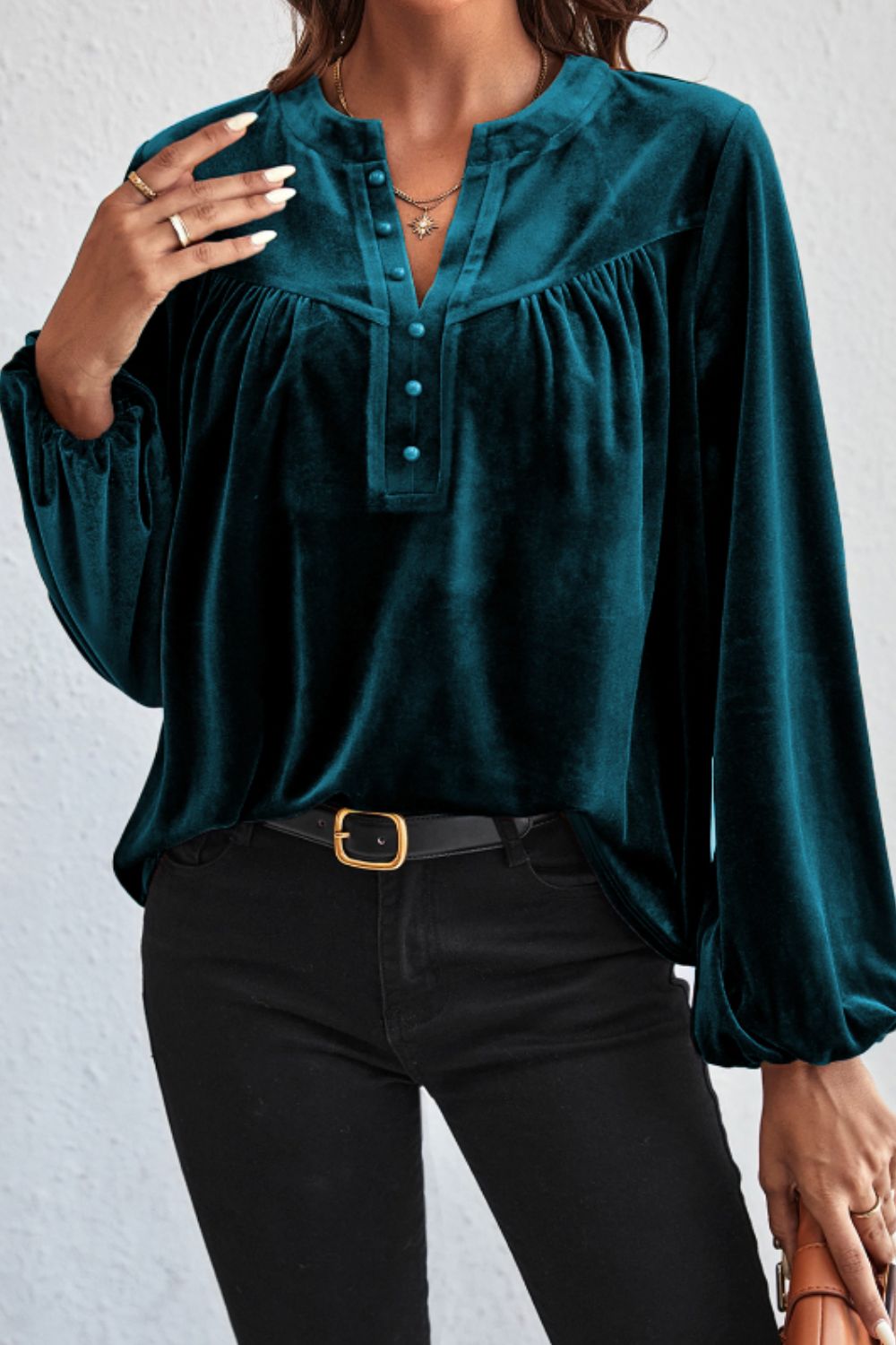 Notched Long Sleeve Velvet Top TEEK Trend Deep Teal S