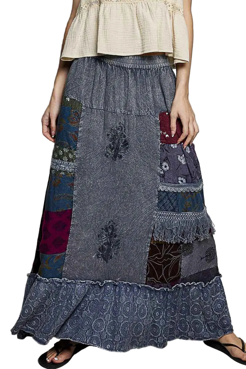 POL Printed Patchwork Embroidered Ruffled Skirt Trendsi CHARCOAL MULTI S