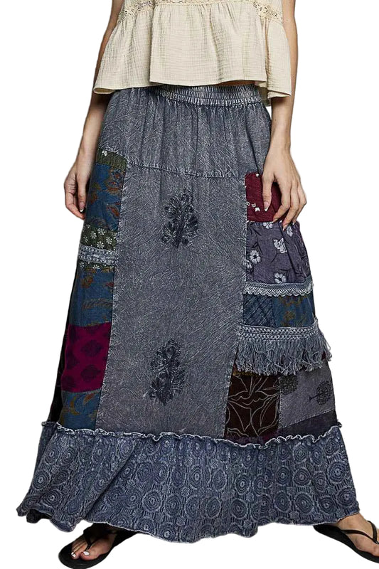 TEEK - Printed Patchwork Embroidered Ruffled Skirt SKIRT TEEK Trend CHARCOAL MULTI S