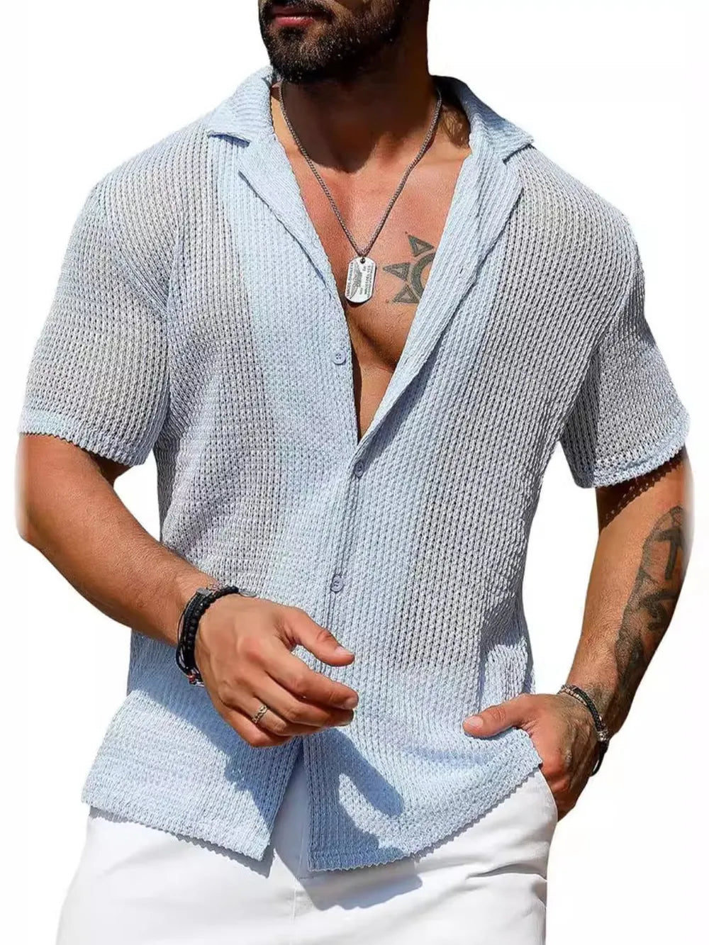 TEEK - Mens Openwork Buttoned Short Sleeve Shirt TOPS TEEK Trend Light Blue S