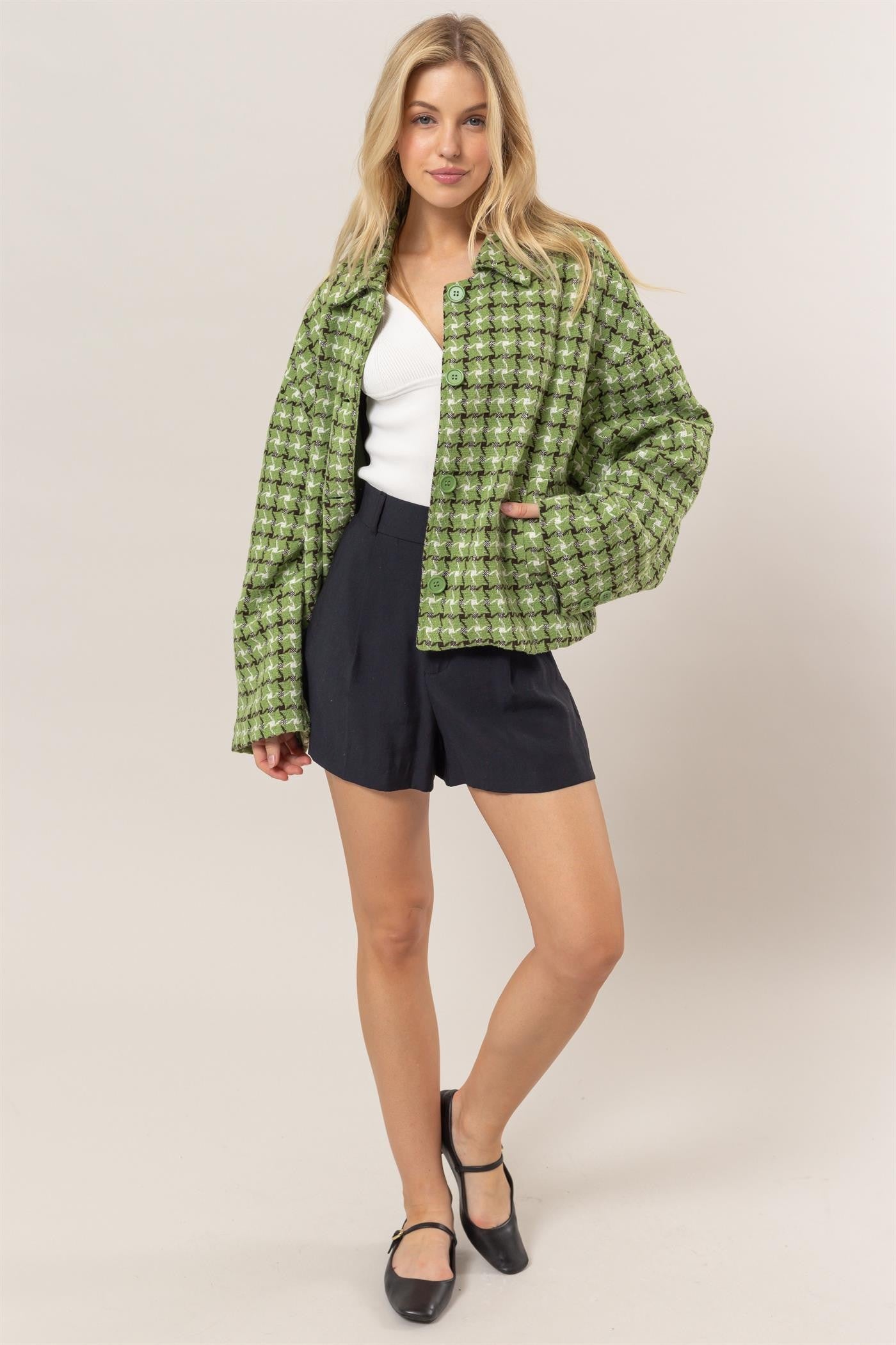 TEEK - Green Tweed Plaid Button Up Collared Neck Jacket TEEK Trend