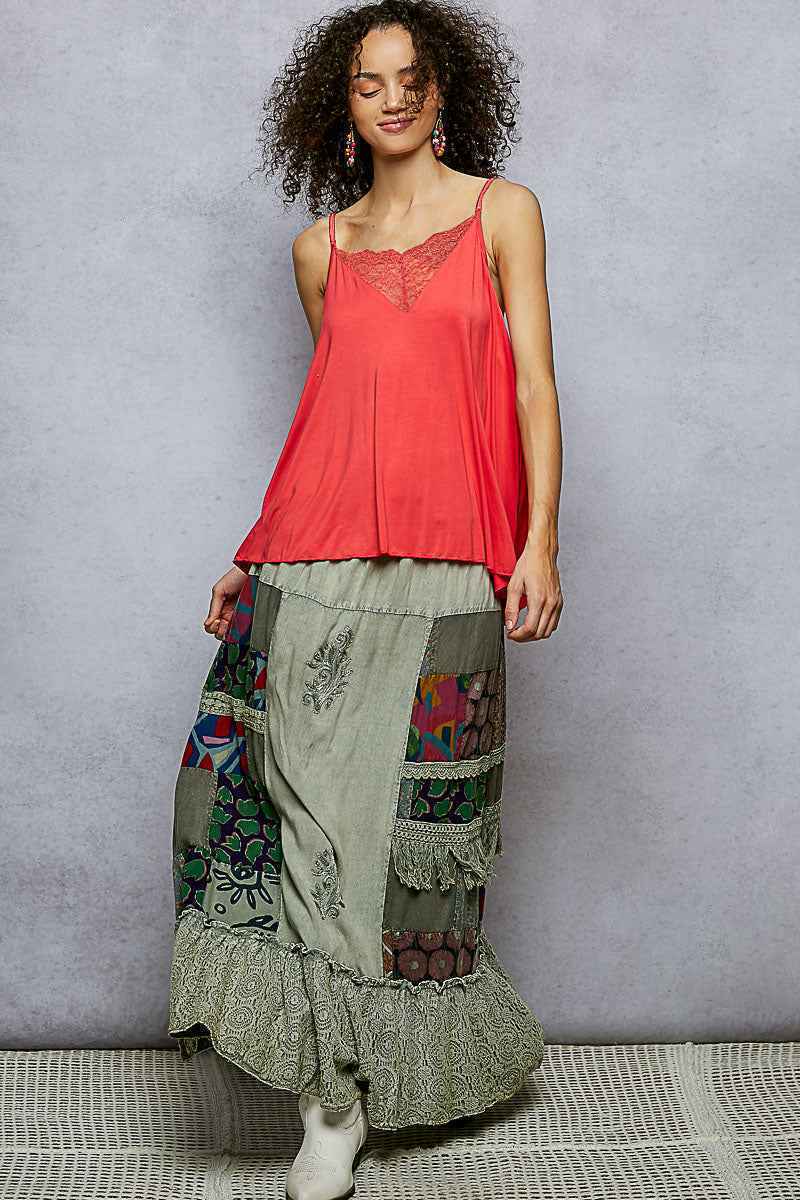 POL Printed Patchwork Embroidered Ruffled Skirt Trendsi
