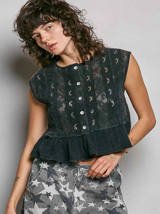 TEEK - Round Neck Lace Sleeveless Top with Double Gauze Ruffle TOPS TEEK Trend