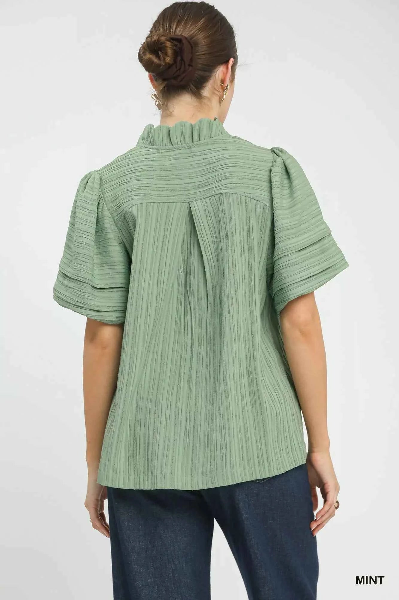 TEEK - Seersucker Bubble Sleeve V-Neck Blouse TOPS TEEK Trend