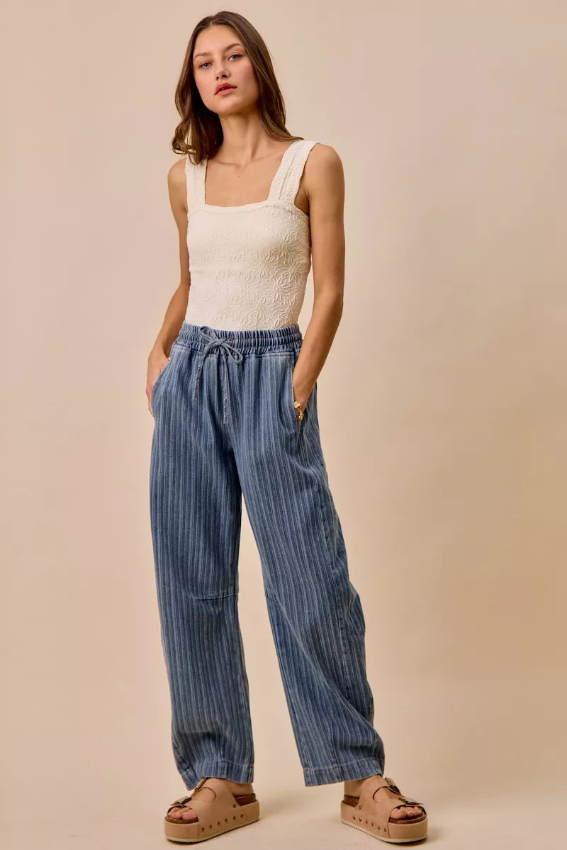 TEEK - Striped Denim Barrel Jeans Drawstring Waistband JEANS TEEK Trend