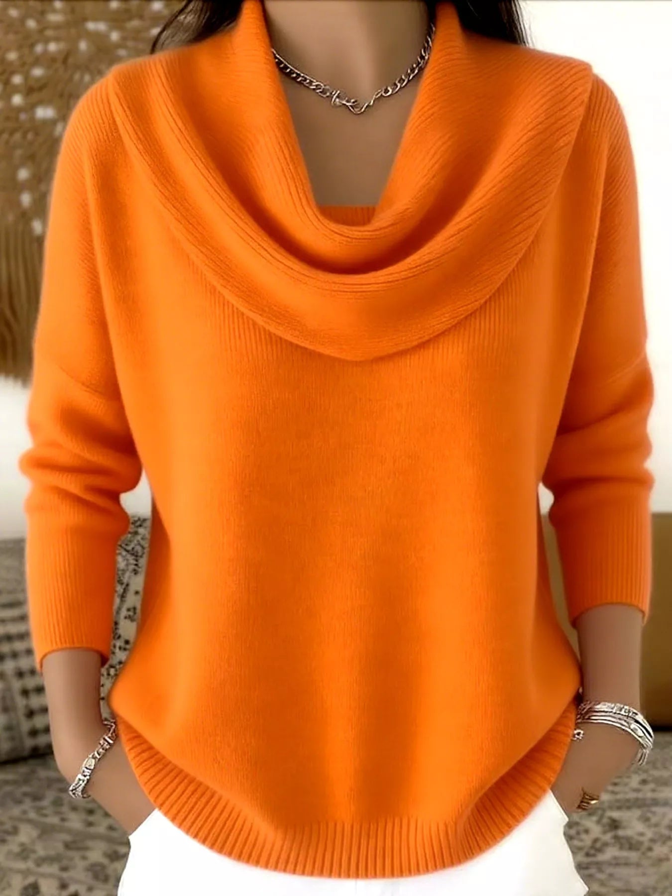 Drape Neck Long Sleeve Knit Top Trendsi Orange S