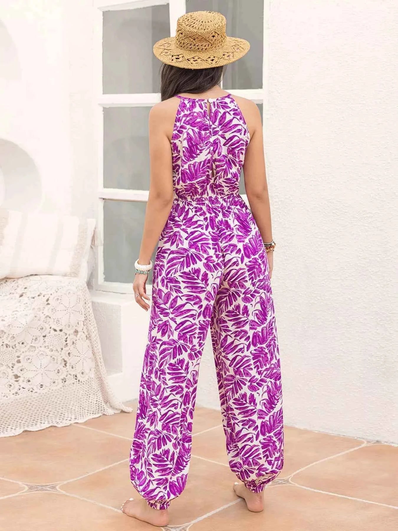 TEEK - Leaf Print Sleeveless Jumpsuit Trendsi
