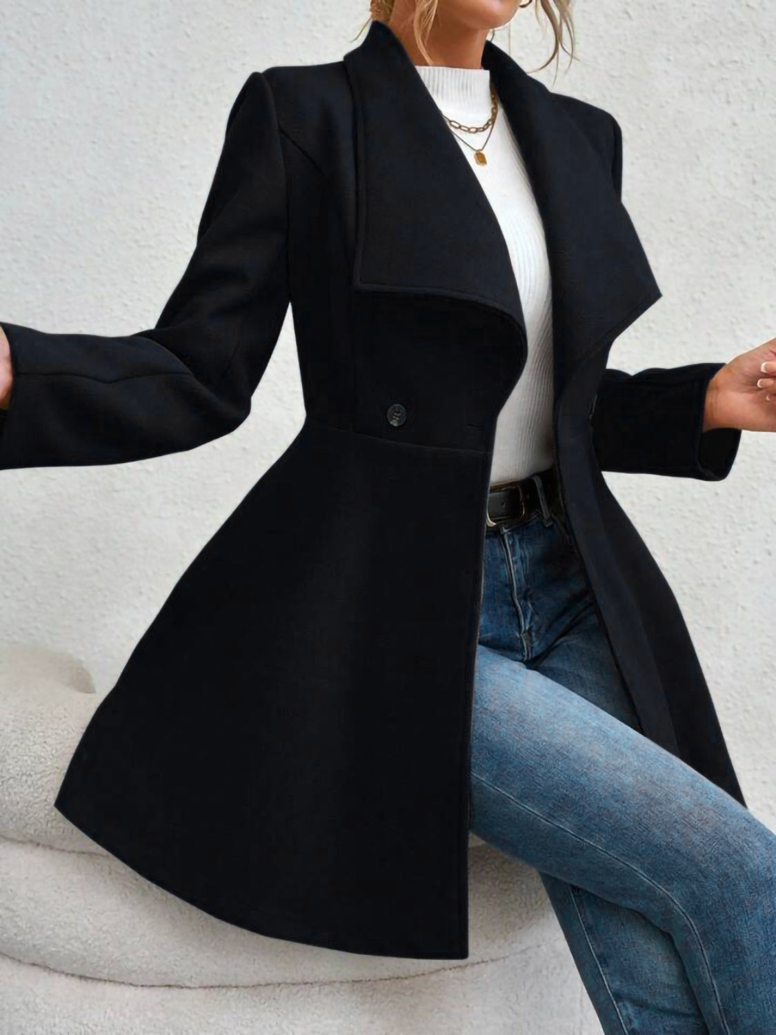 Collared Neck Button Up Long Sleeve Coat TEEK Trend