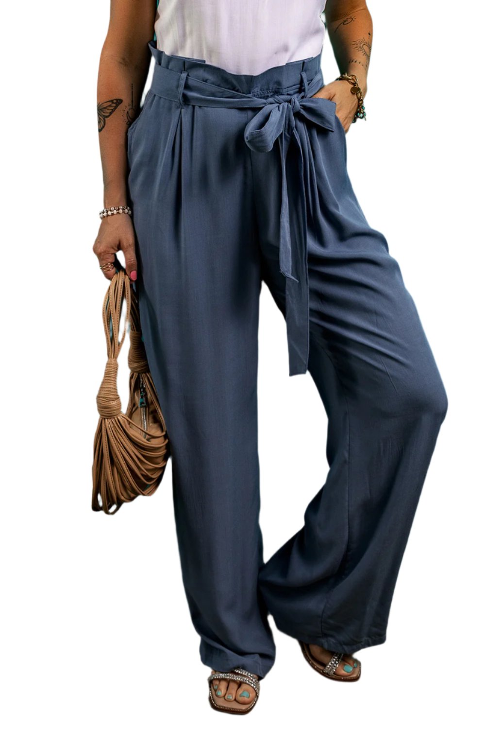 TEEK - Dusty Blue Tied Wide Leg Pocketed Pants PANTS TEEK Trend S  