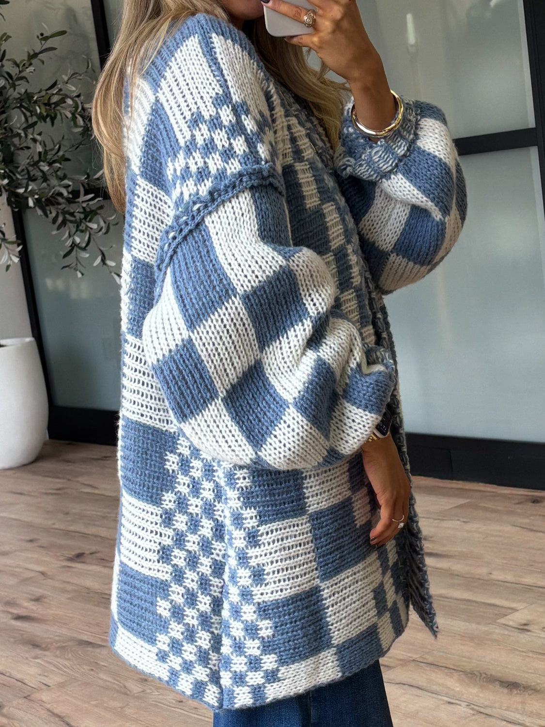 Checkered Open Front Long Sleeve Cardigan TEEK Trend