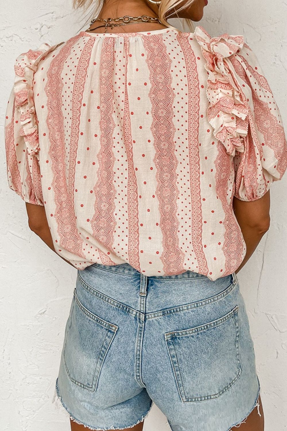 TEEK - Blush Pink Ruffled Tie Neck Short Sleeve Blouse TOPS TEEK Trend   